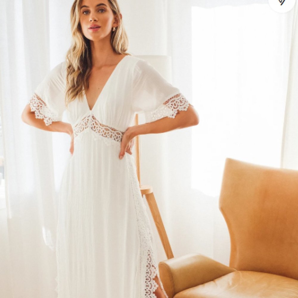 Maxi Dress with White Lace & Short Sleeves